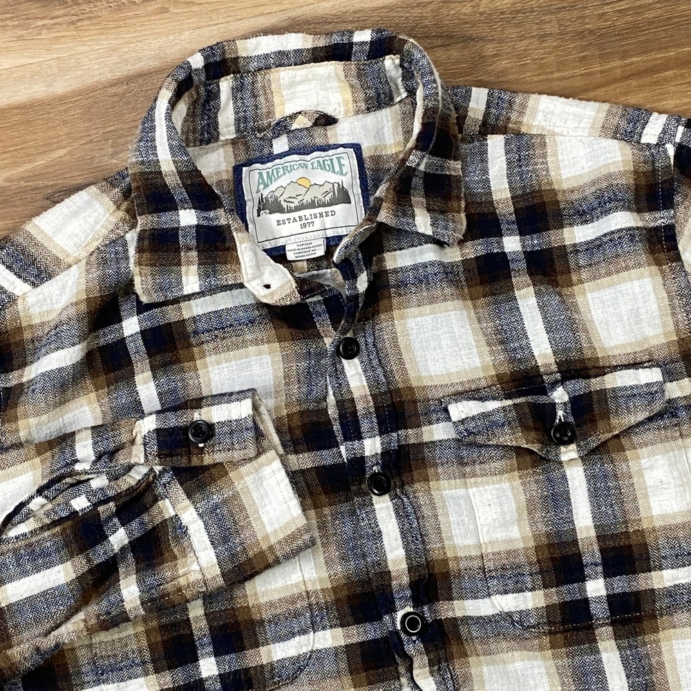 American Eagle Flannel Shirt Mens S Heritage Cotton Plaid Brown Navy Blue Small